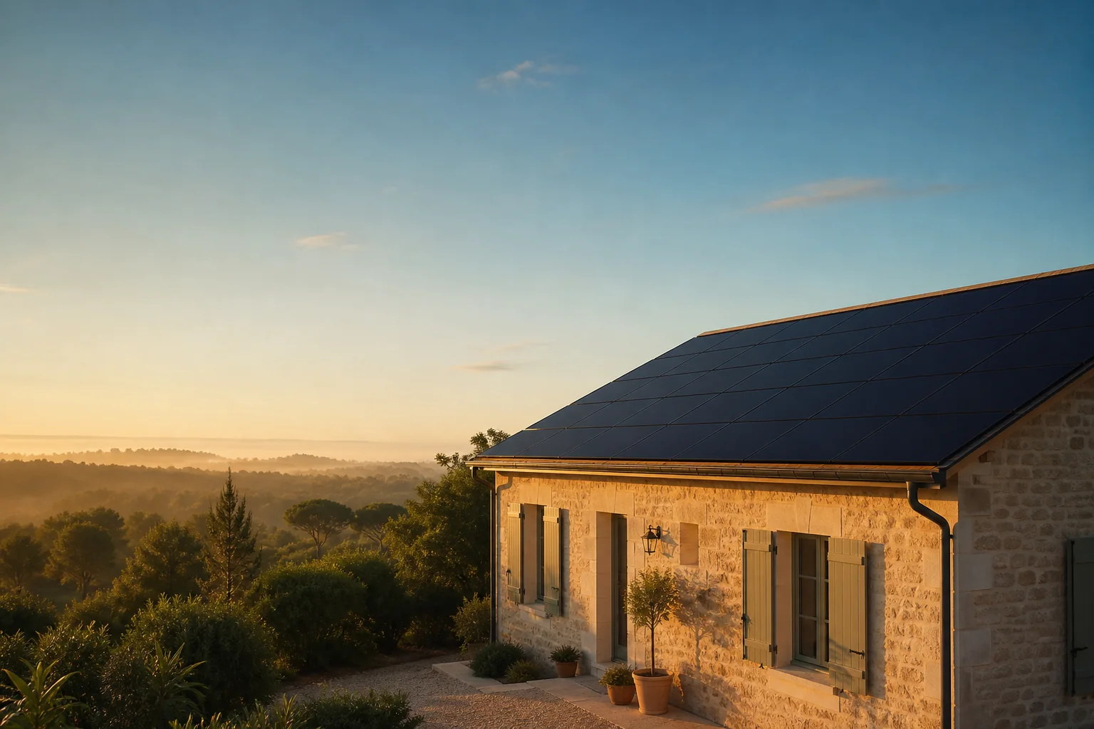 Maison des Landes équipée de panneaux photovoltaïques au lever du jour