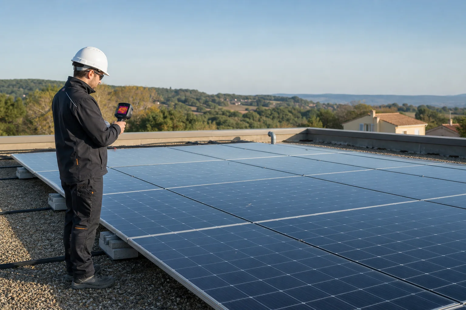 Technicien contrôlant des panneaux photovoltaïques avec une caméra thermique