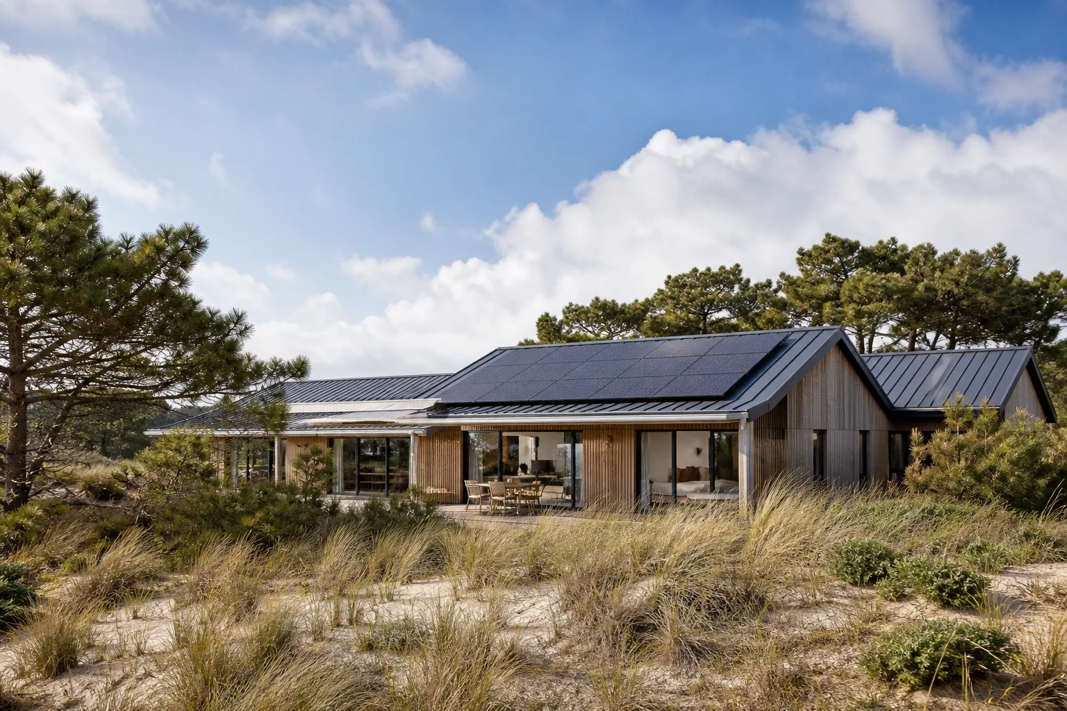 Maison contemporaine de la côte landaise avec panneaux solaires